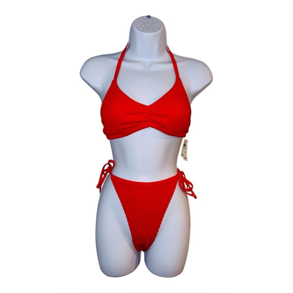 Aerie Crinkle Halter Voop Cheekiest Tie Bikini Set Large NWT